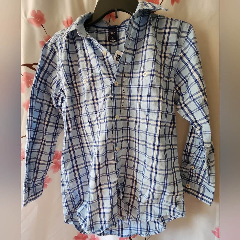 NWT New With Tags GAP Boy's Blue Plaid Long Sleeve Dress Shirt Size L (10)